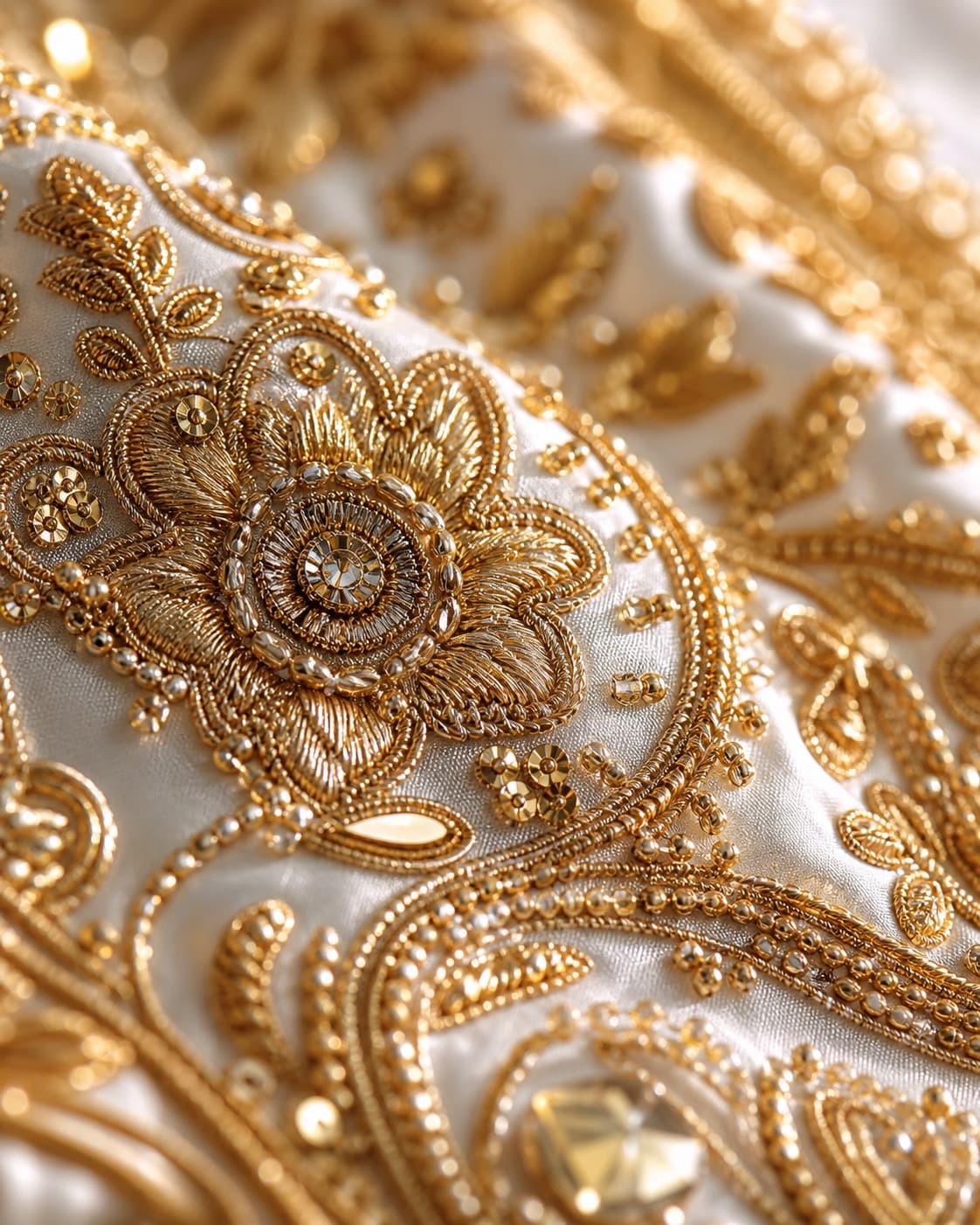 White zari embroidery closeup